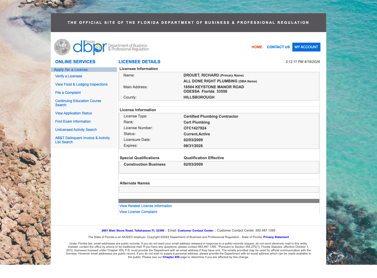 Florida DBPR licensee detail page for CFC1427924, Certified Plumbing Contractor, Current Active, expires 08/31/2026