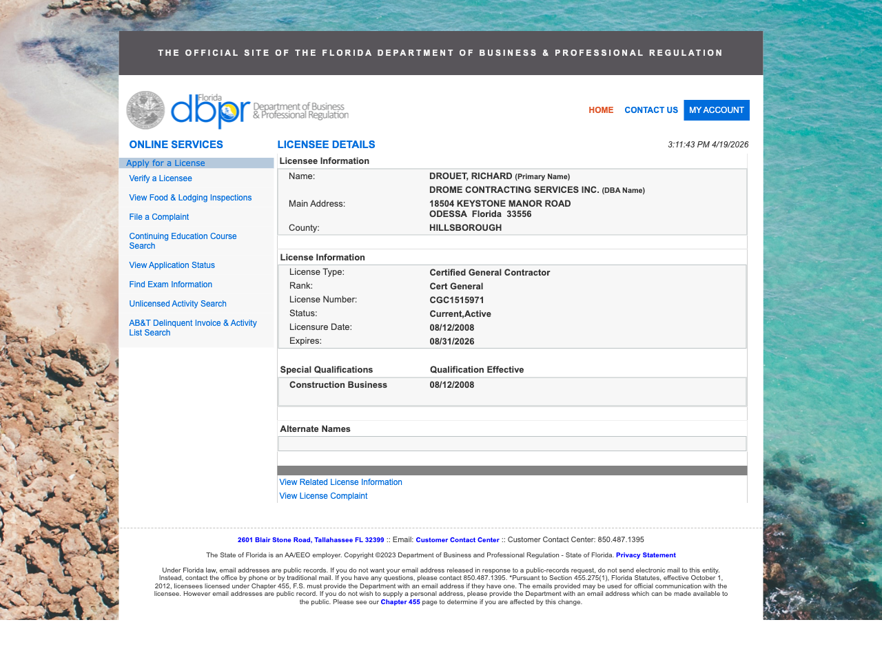 Florida DBPR licensee detail page for CGC1515971, Certified General Contractor, Current Active, expires 08/31/2026