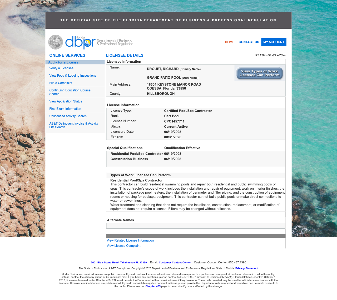 Florida DBPR licensee detail page for CPC1457711, Certified Pool/Spa Contractor, Current Active, expires 08/31/2026