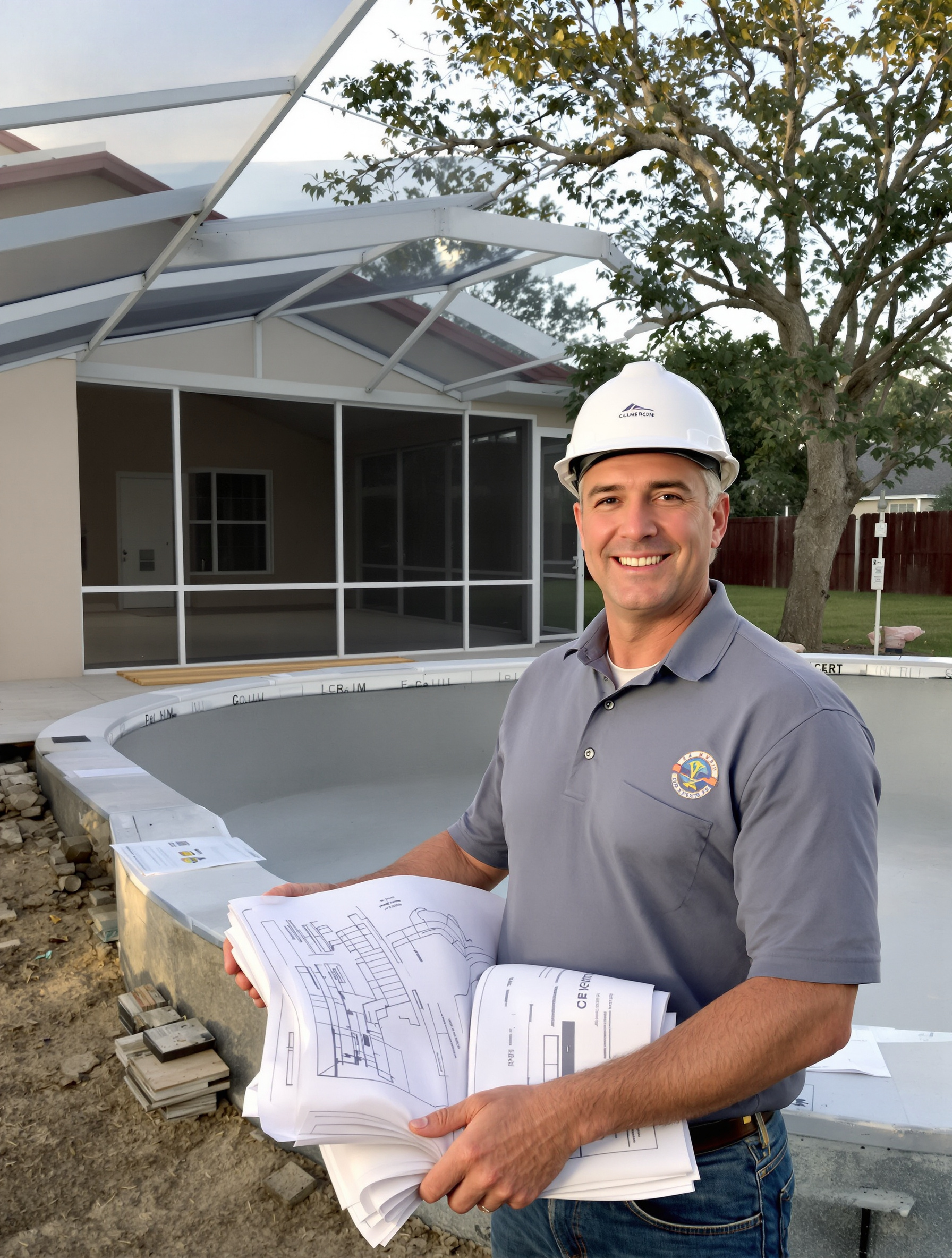 Pool contractor at a construction site in suburban Florida