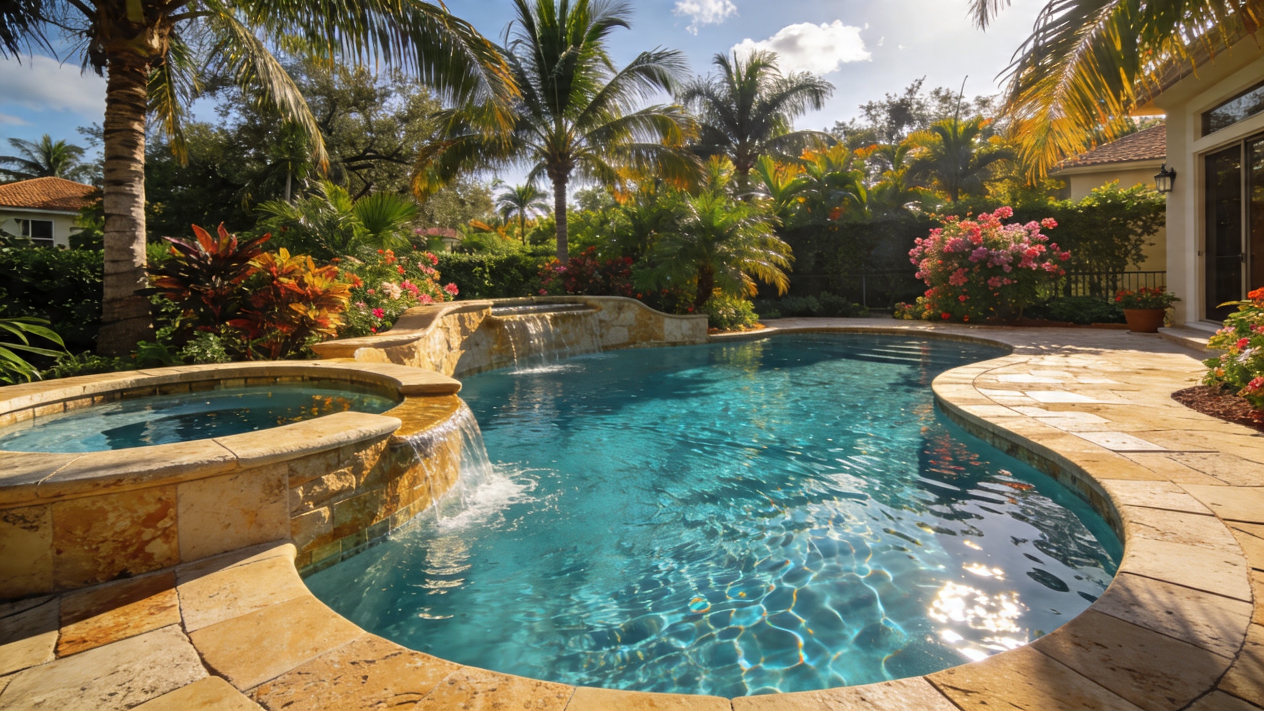 Freeform pool with Pebble Sheen finish and spa spillover, Tampa FL