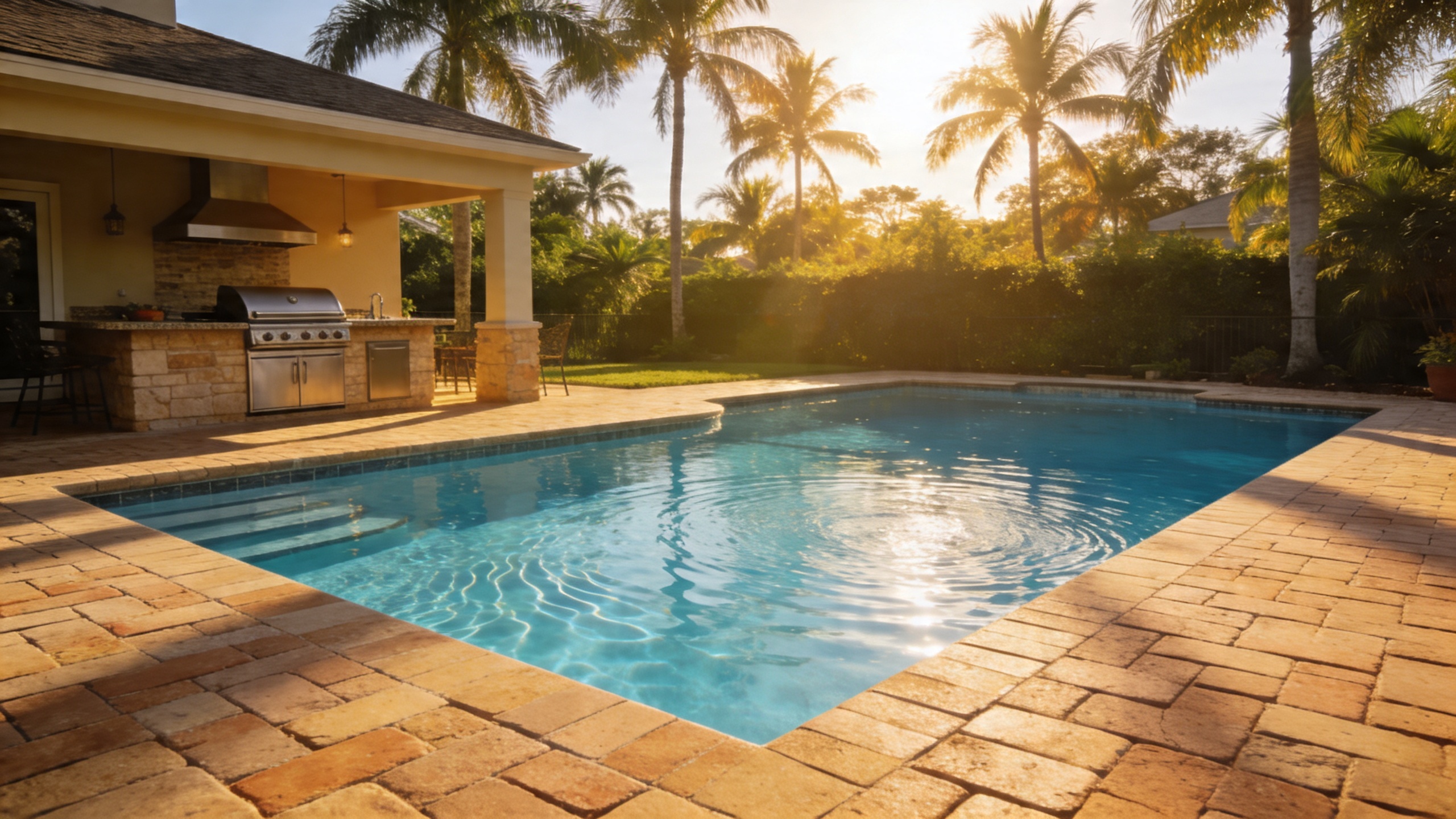 Pool with outdoor kitchen and paver deck, Lutz FL