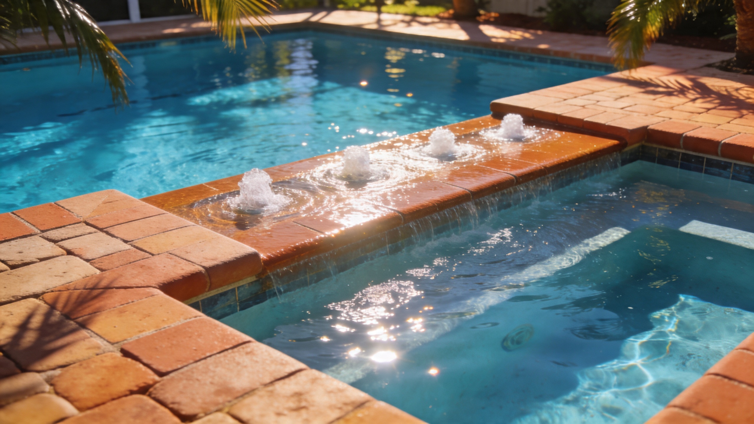 Freeform pool with sun shelf and travertine deck, Trinity FL