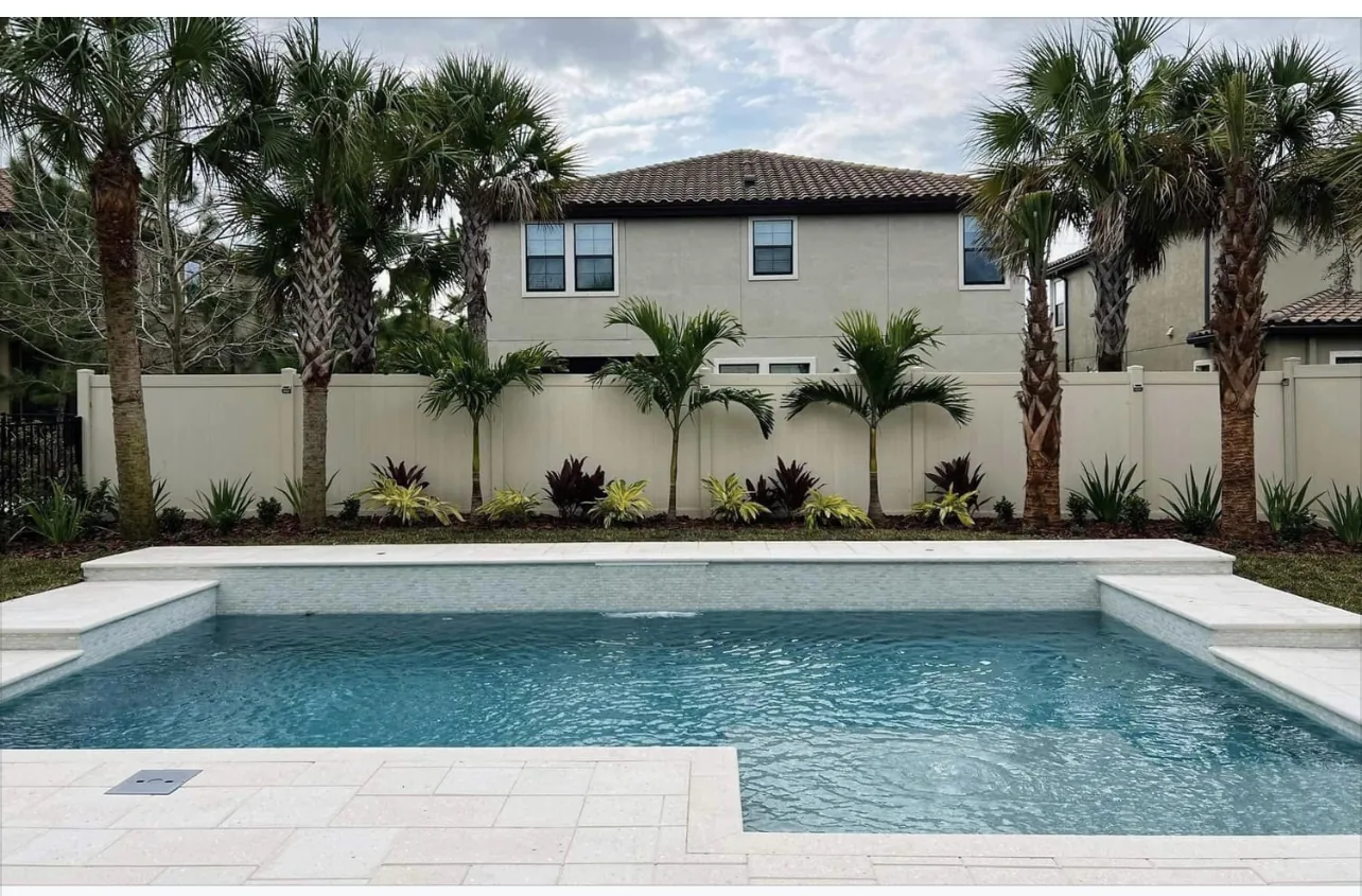 Rectangular custom pool with palm landscaping and vinyl privacy fence, Odessa FL