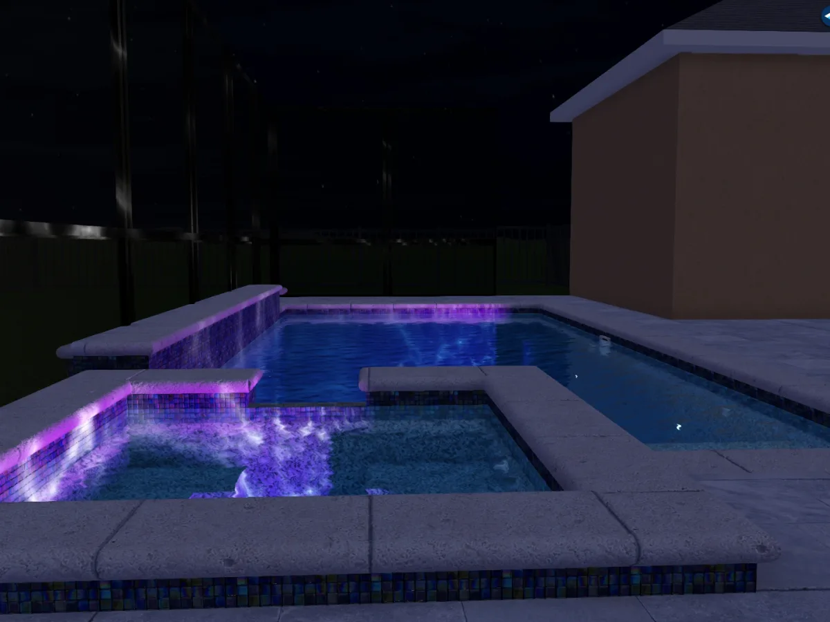 Blue-lit spa scuppers at twilight with cascading water feature, Tampa FL